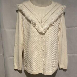 Vintage Womens Ivory Wool Blend Fringe Boho Western Sweater Size Petite …